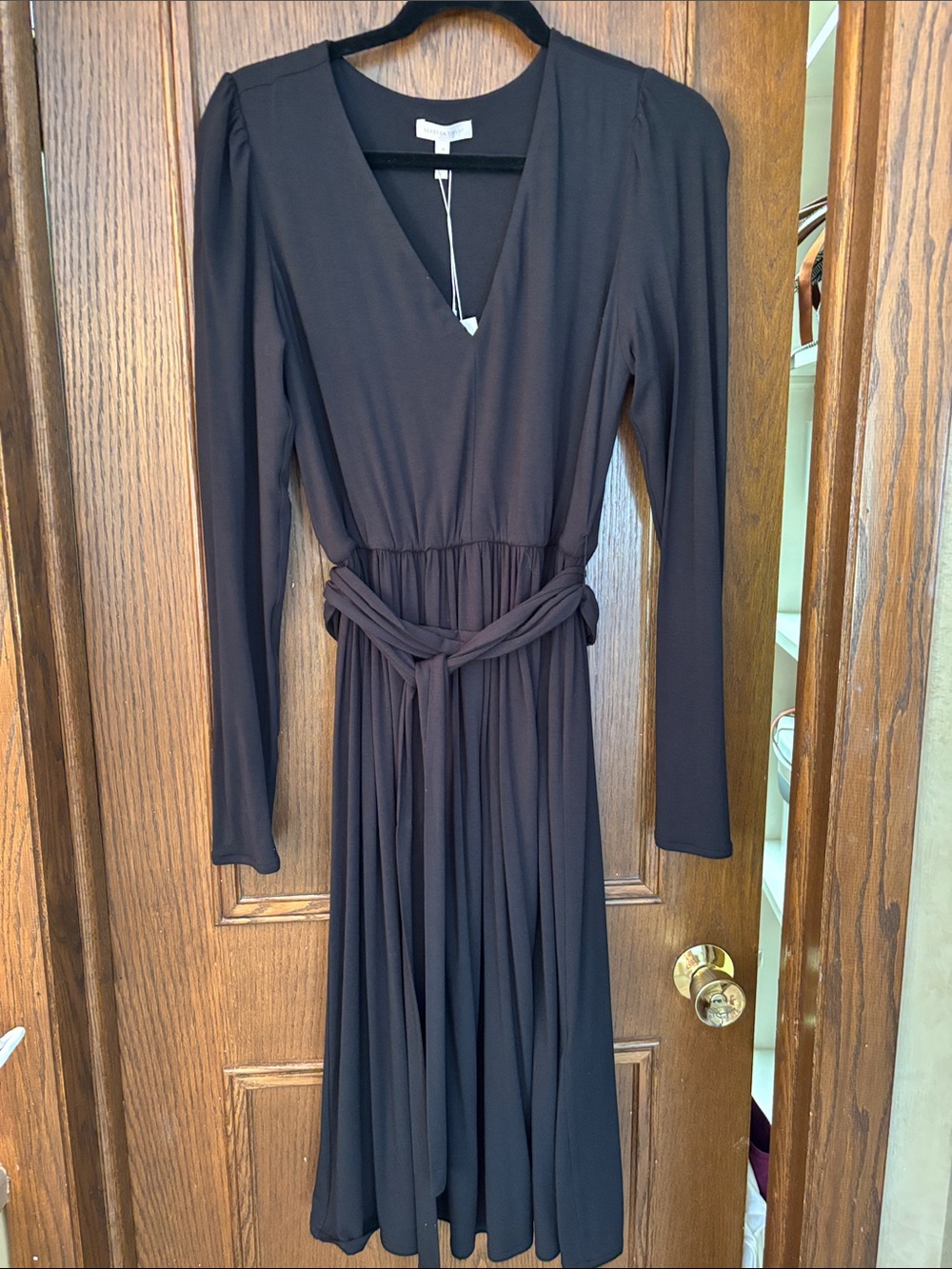 Rebecca Taylor Black Long-Sleeve V-Neck Midi Dress with Waist Tie
